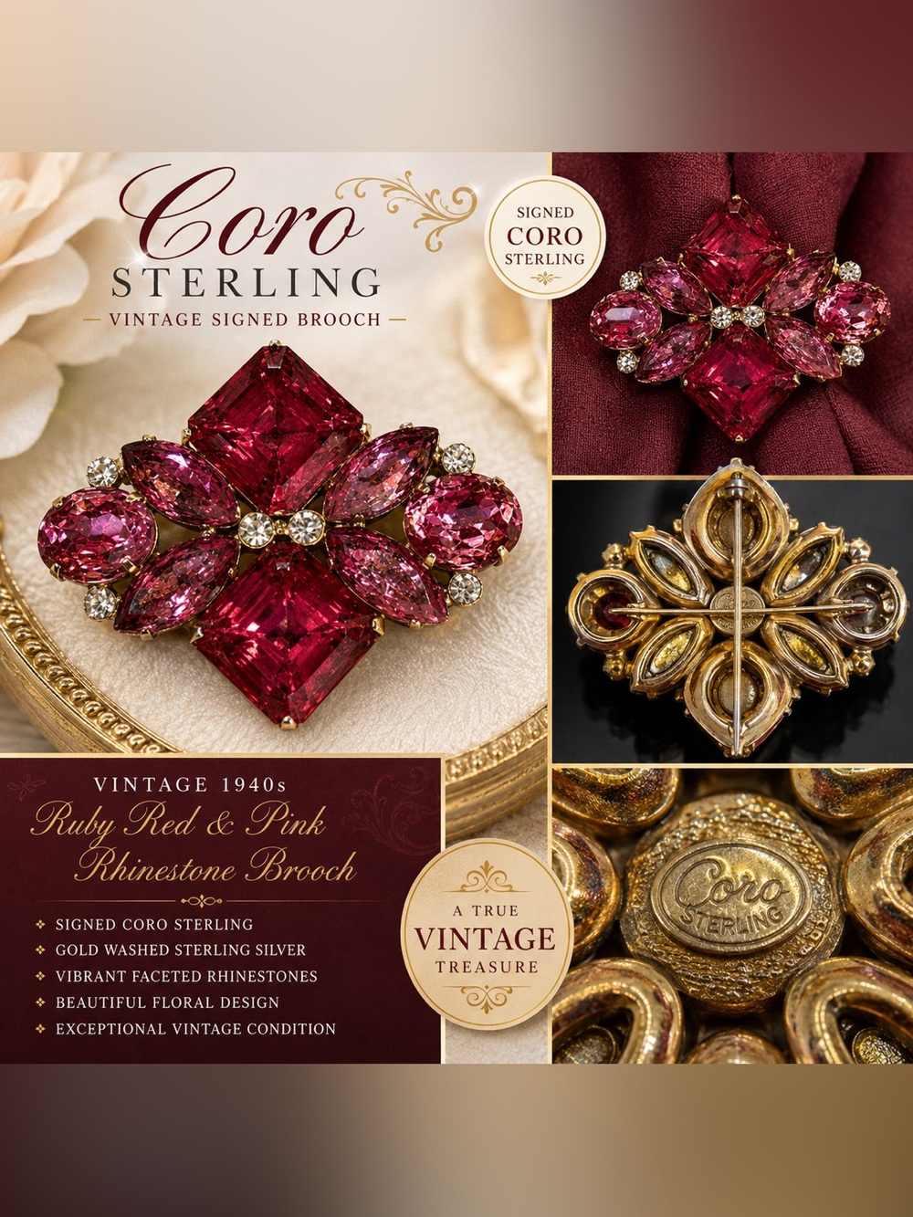 Coro Pink and Red Rhinestone Floral Brooch